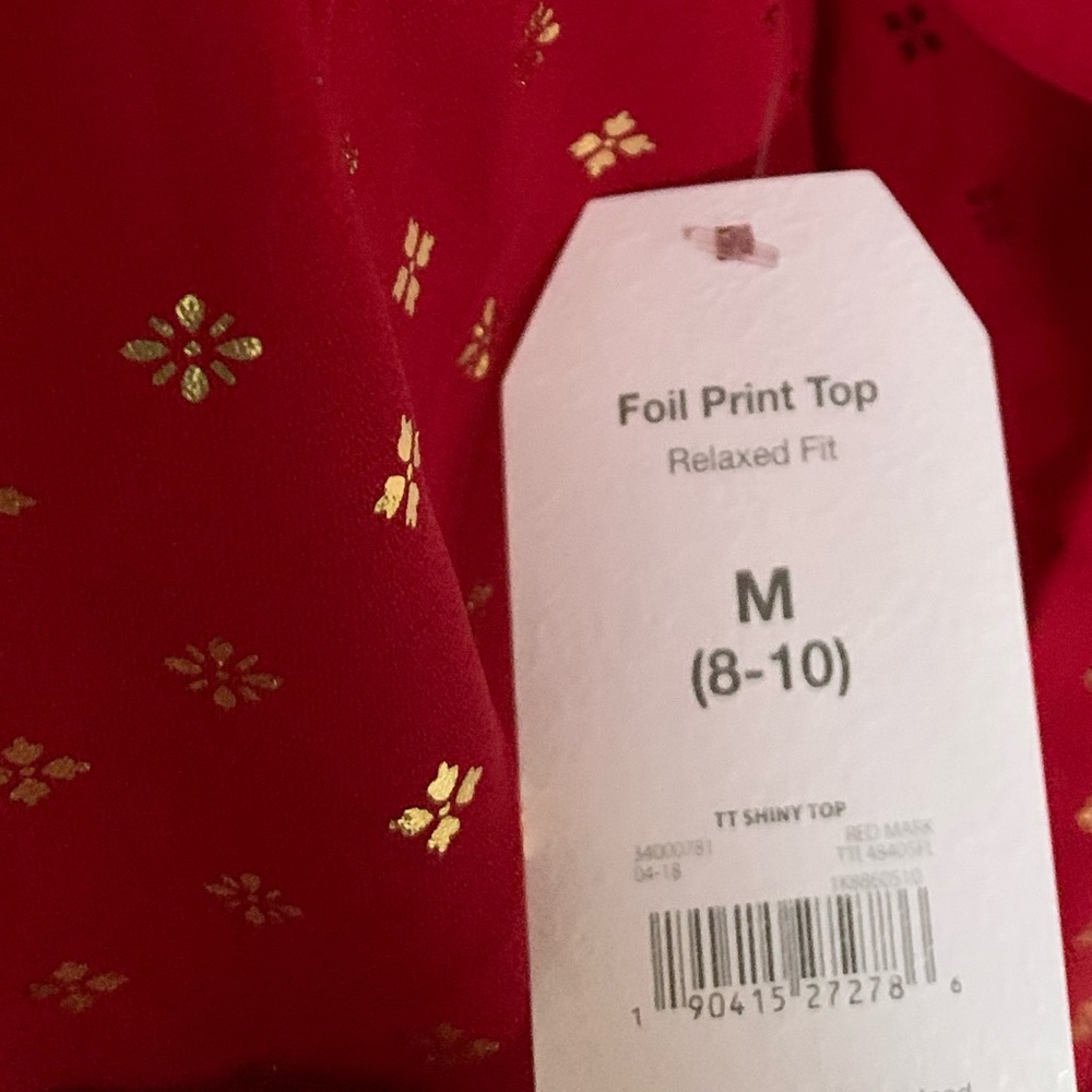 NWT Red Foil Ruffle Relaxed Fit Smocked Peasant Edwardian Holiday Blouse Sz Med - Picture 13 of 14